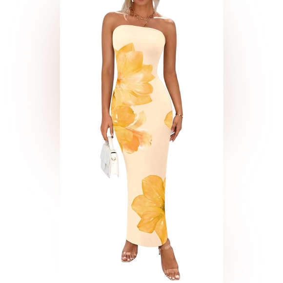 Dresses & Skirts - Elegant Floral Maxi Dress in Cream and Orange